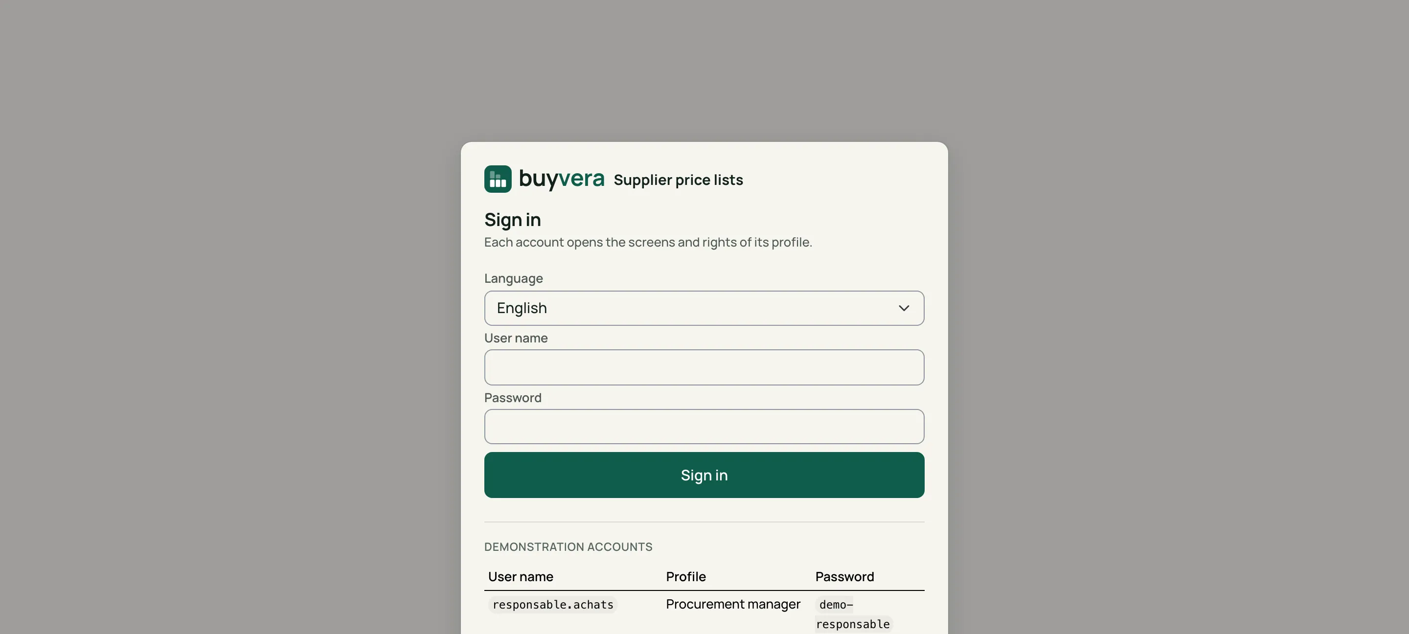 The sign-in screen: language choice, user name, password, Sign in button, then the list of demonstration accounts