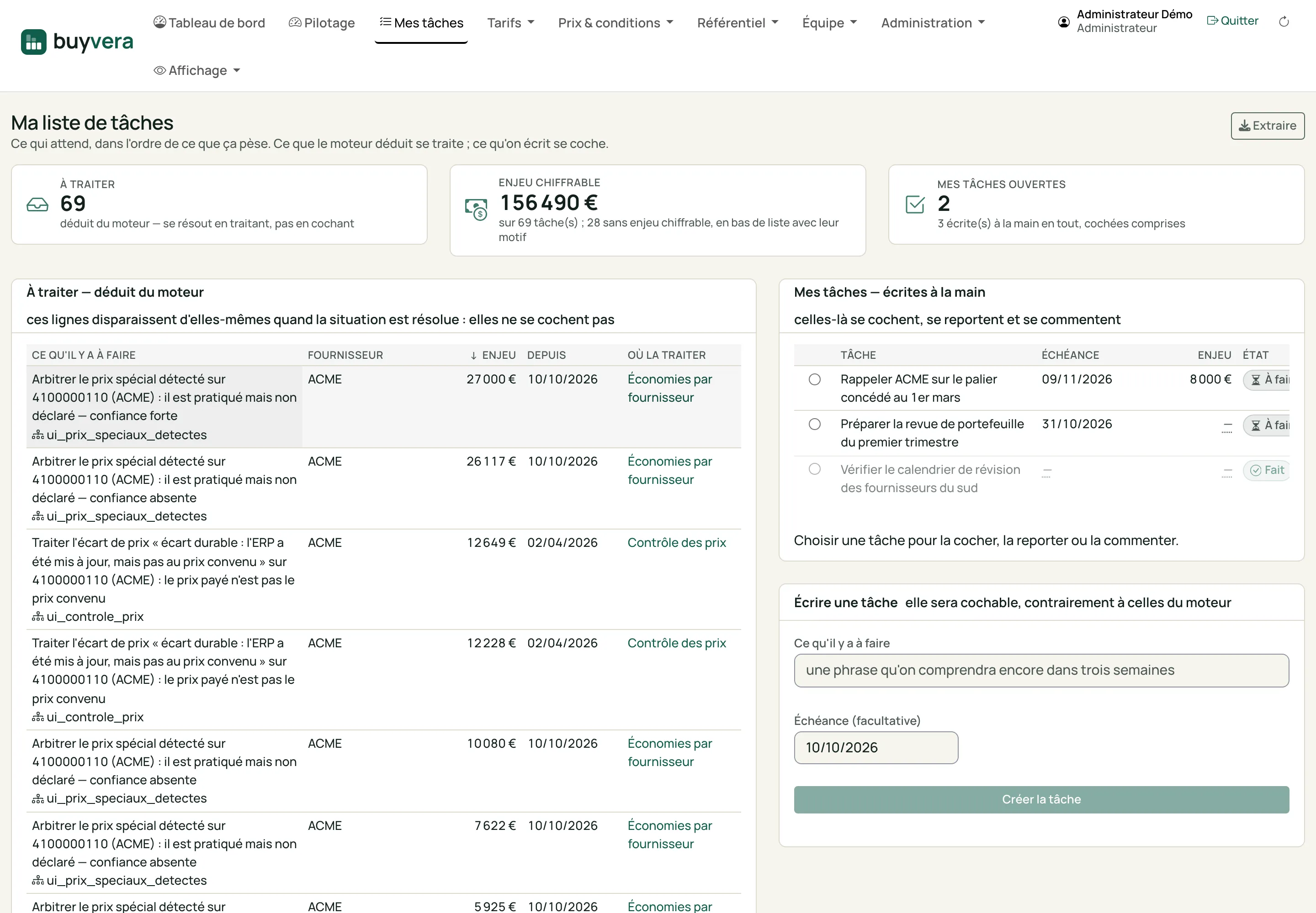 La liste de tâches : à gauche ce que le moteur déduit, trié par enjeu ; à droite les tâches écrites à la main