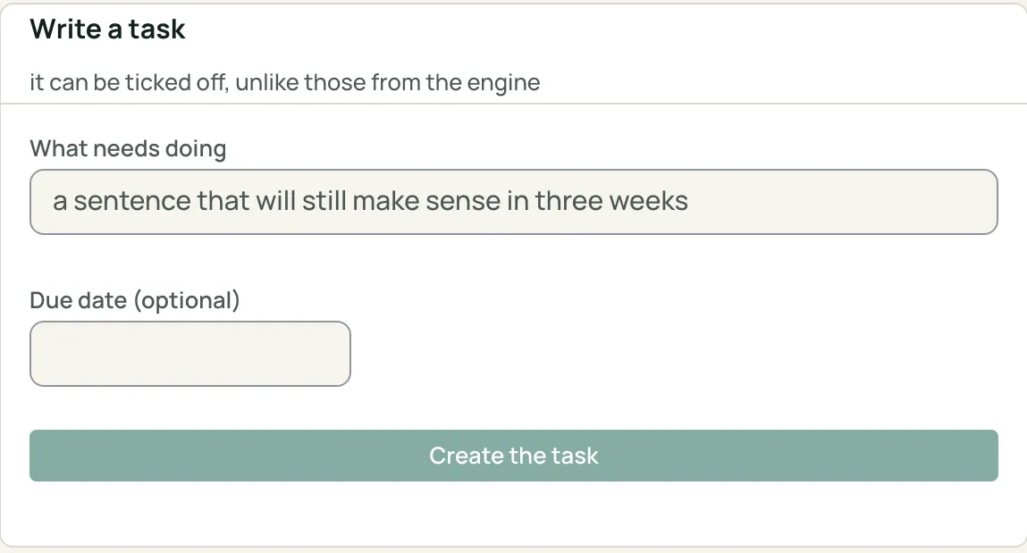 The Write a task card: the text field, the optional due date and the Create the task button