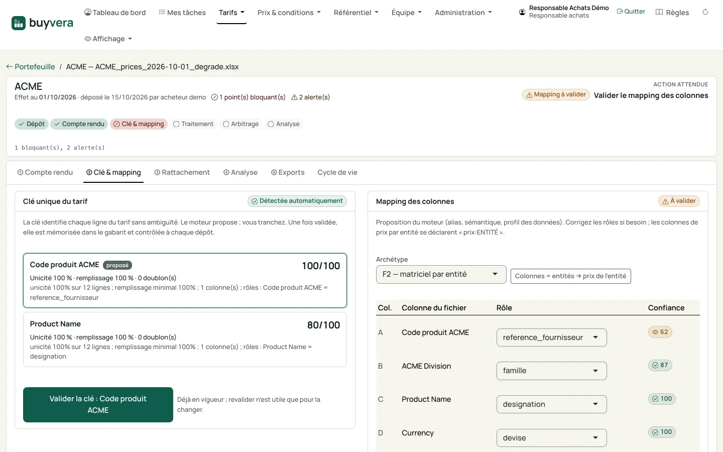 Écran du dossier d'un tarif, étape « Clé et mapping » : clé unique proposée avec son score, et tableau des colonnes du fichier avec le rôle proposé et sa confiance.