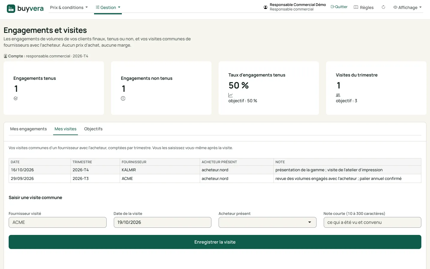 Écran « Engagements et visites », onglet « Mes visites » : liste des visites déjà saisies avec date, trimestre, fournisseur, acheteur présent et note, puis le formulaire pour saisir une visite commune.